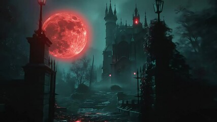 Gothic manor basks beneath crimson moon - Powered by Adobe
