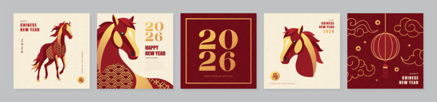Chinese New Year 2026, Year of the Horse. Set of greeting card designs with horse illustrations and traditional Chinese patterns for lunar celebration and holiday greetings, vector illustration