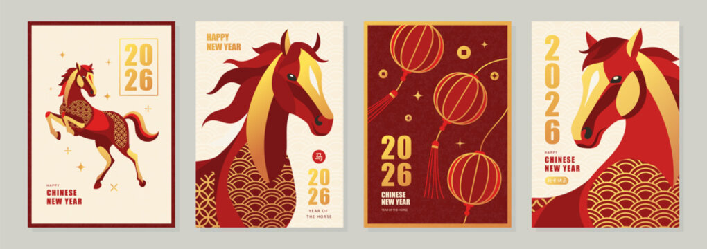 Chinese New Year 2026, Year of the Horse. Set of greeting card designs with horse illustrations and traditional Chinese patterns for lunar celebration and holiday greetings, vector illustration