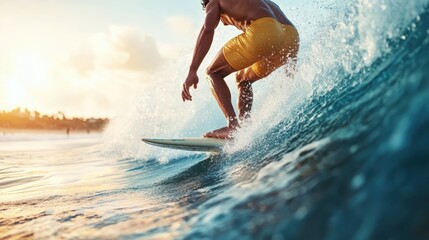 An exhilarating image of a surfer riding a wave at sunset, showcasing the joy of adventure, freedom, and the beauty of nature, perfect for sports or travel themes.