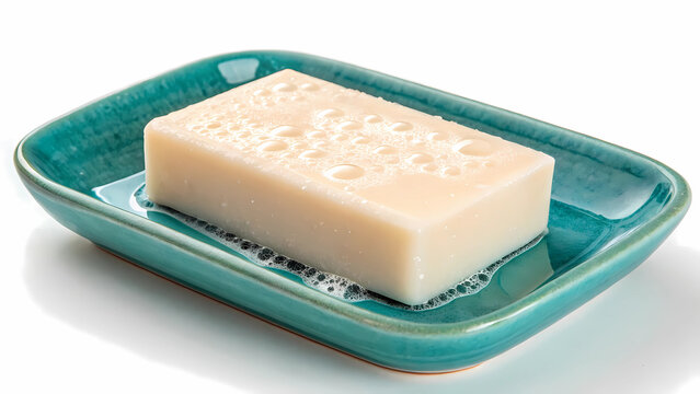 Natural soap bar on turquoise soap dish for bathroom cleaning and hygiene product photography close up view
