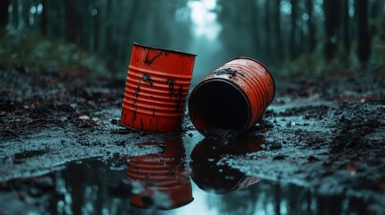 Fototapeta premium Two weathered orange drums lie abandoned in a muddy forest, reflecting the melancholic beauty of decay and nature reclaiming its space amidst the trees.