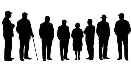 Senior group silhouette standing together. Diverse elderly people silhouettes, men and women, in various poses.  Silhouette image perfect for retirement community brochures, senior care ads,