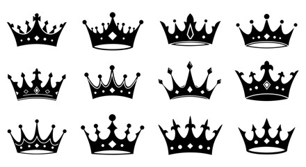 Twelve regal crowns, classic royal symbols, perfect for invitations and announcements.  These majestic crowns feature ornate details and elegant silhouettes.