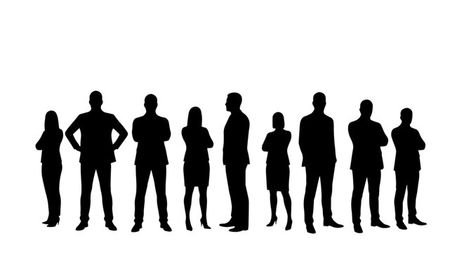 Business team silhouettes standing together. Powerful business team image showing unity and collaboration. This strong business team graphic is perfect for presentations and corporate reports.