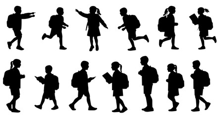 Fototapeta premium School children silhouettes collection. Backpack kids running and walking. Silhouettes for school projects and education design. School children illustration perfect for educational materials.