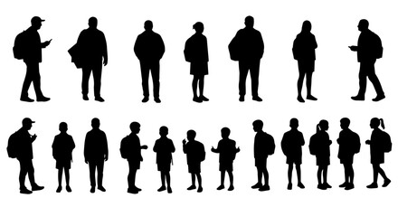 Collection of diverse people silhouettes.  Silhouettes depict adults and children standing and walking.  Silhouette set ideal for infographics or presentations.
