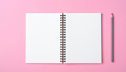 White notepad and pencil on pink surface, modern aesthetic, ideal for planning, journaling. Mock-up