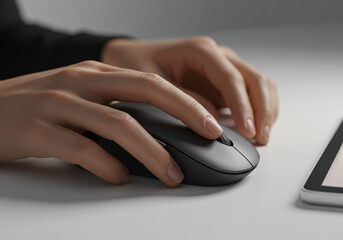 ultra-realistic close-up of a person's hands holding a digital Wireless Mouse in landscape mode, no face visible, tablet screen glowing, isolated on white background	