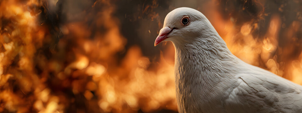 White dove in fire in the war. World peace day. Stop war in Ukraine. Peace crisis, no war, equality and love concept. Hiroshima Day. Background for banner, slogan, card, poster