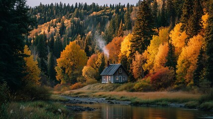 Secluded cabin by a misty river amid autumnal forest