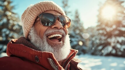 An elderly man with a joyful expression enjoys the winter scenery, wearing sunglasses and a cozy hat, embodying happiness and the beauty of life in every season.