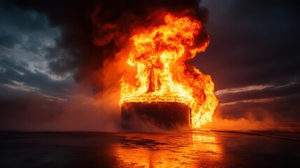 A dramatic scene unfolds as an industrial tank erupts in flames, creating an intense fireball against a stormy sky, highlighting the power of uncontrollable elements.
