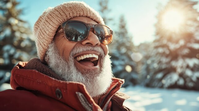 An elderly man with a joyful expression enjoys the winter scenery, wearing sunglasses and a cozy hat, embodying happiness and the beauty of life in every season.