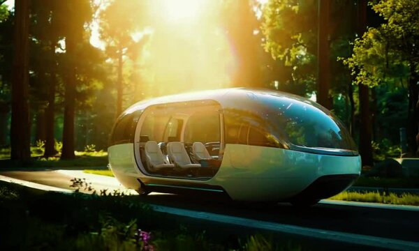 A futuristic and aerodynamic car with a white and blue exterior, driving through a lush green forest with tall trees and a bright sun shining in the background. The car has a modern design