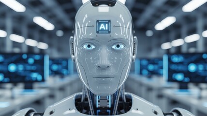 Humanoid robot with glowing AI chip in futuristic setting, surrounded by computer screens displaying blue data.