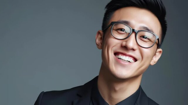 Young handsome Asian businessman smiling confidently in modern attire against a neutral background, Young handome asian businessman smiling isolated in studio