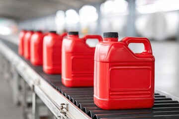 Red plastic jerry cans on a conveyor belt, ready for filling and distribution in a factory setting.