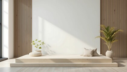 Minimalist modern interior design with plant decorations and wood podium for product photography background