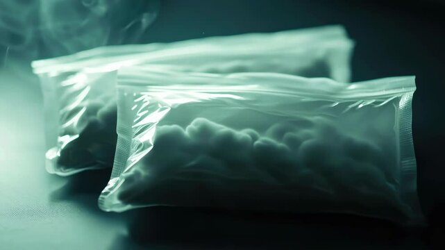 Dangerous fentanyl bags displayed on a dark surface with smoke rising, highlighting the risks involved, Fentanyl Bags Dangerous Drug Moving Shot