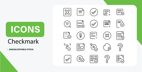 Checkmark, approval icon set. Vector glyph pictograms of validation, certification, confirmation concept illustration on white background