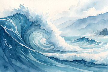 Ocean wave watercolor painting, blue hues, crashing surf, coastal landscape, serene mood