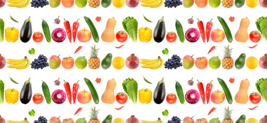 Beautiful seamless pattern vegetables, fruits isolated on white