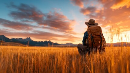 A solo hiker seated in a golden field during sunset, gazing at the breathtaking mountains ahead, capturing a moment of reflection and appreciation for nature's beauty.