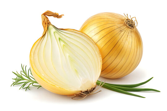 Halved yellow onion with whole onion and green onions, isolated - Powered by Adobe