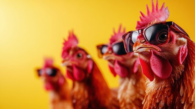 A humorous scene featuring a group of chickens donning stylish sunglasses, bringing an amusing twist to farm life and showcasing the playful side of animals in a vibrant setting.