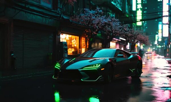 A sleek black sports car parked on a rainy city street, with neon lights and reflections illuminating the scene, giving it a futuristic and vibrant atmosphere.
