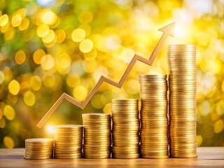 Growing gold coin stacks with upward arrow, financial success concept