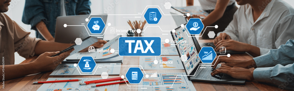Aufkleber A dynamic tax preparation workshop showcasing professionals using digital tools to enhance financial planning and management in a collaborative environment. Amity