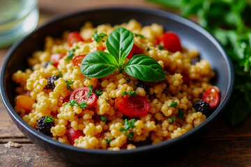 A bowl of food with a green leaf on top. The food is a mix of rice and tomatoes