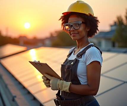 Confident female solar panel technician inspects rooftop system at sunset