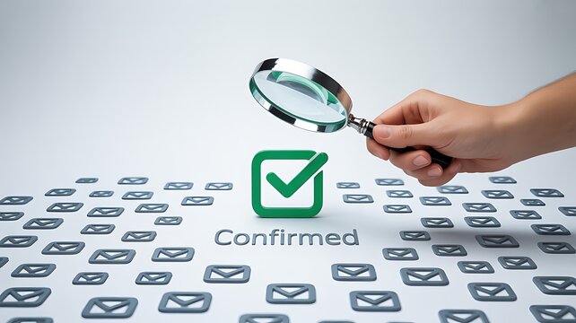 Green Checkmark Confirmed Email Verification Magnifying Glass Hand Gray Envelopes Background