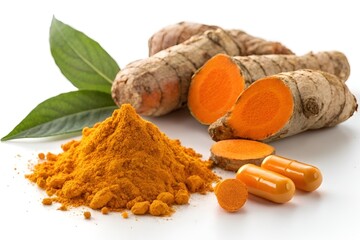 "Turmeric Roots, Powder, and Pills on White Background with Green Leaf"