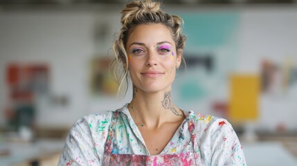 A charismatic artist stands confidently in a colorful studio, showcasing their vibrant personality with splashes of paint all over their face and clothes, embodying creativity.