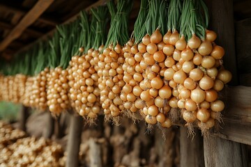 Natural onion braids hanging for storage high resolution picture