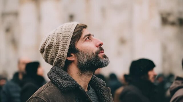 group of people praying in ruins of mosque their faces reflecting deep emotions and hope