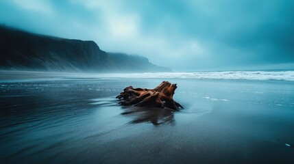 A mysterious beach scene shows driftwood in tranquil waters under a cloudy sky, evoking feelings of solitude and contemplation amidst natural beauty and serenity.