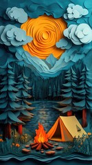 Papercut Style Paper Cut Camping Camp Campfire Summer Winter Forest Fall Wood Woodland Woods Sunset Tent Lake Mountain Mobile Background Wallpaper Illustration Colorful Vector