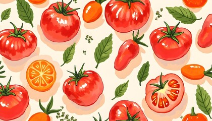 Hand-painted acrylic style tomatoes.Seamless pattern.