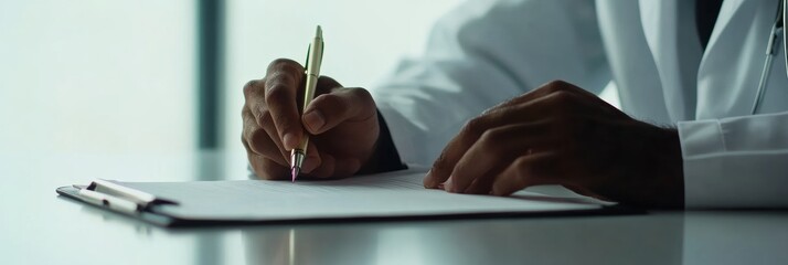 Doctor hands writing on paper document at a desk.. Healthcare research, schedule app and clinic planning. Medical person on digital technology and journal for telehealth, notes and reminder or planner