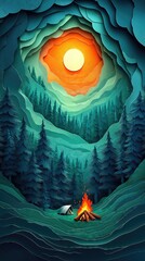 Papercut Style Paper Cut Camping Camp Campfire Summer Winter Forest Fall Wood Woodland Woods Sunset Tent Lake Mountain Mobile Background Wallpaper Illustration Colorful Vector