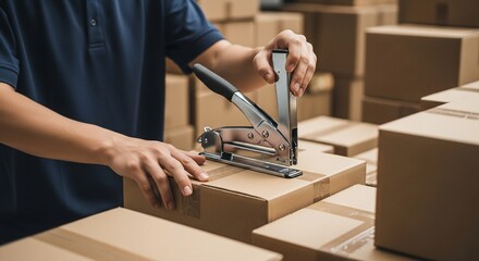 Man securing cardboard boxes with a heavy duty stapler in a warehouse setting