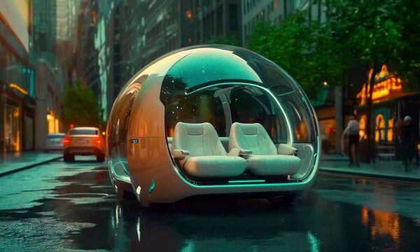 A futuristic, bubble-shaped vehicle driving on a rainy city street. The vehicle has a sleek, metallic exterior and is equipped with seating for multiple passengers.