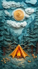 Papercut Style Paper Cut Camping Camp Campfire Summer Winter Forest Fall Wood Woodland Woods Sunset Tent Lake Mountain Mobile Background Wallpaper Illustration Colorful Vector
