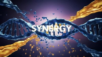 Abstract animation shows blue and gold liquid DNA strands merging, symbolizing collaboration, unity, and combined strength