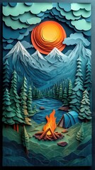 Papercut Style Paper Cut Camping Camp Campfire Summer Winter Forest Fall Wood Woodland Woods Sunset Tent Lake Mountain Mobile Background Wallpaper Illustration Colorful Vector